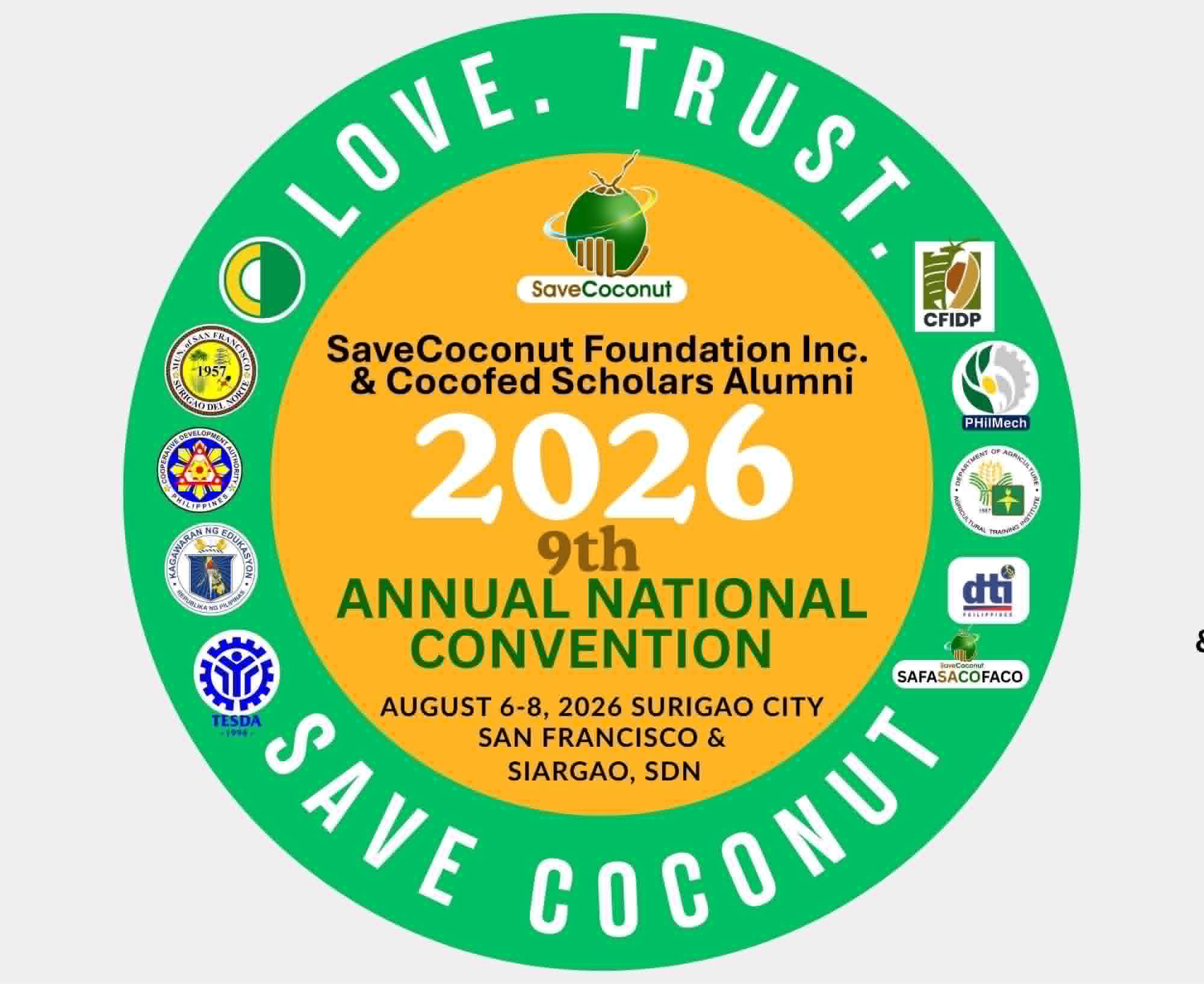 9th Annual National Convention 2026 official logo — Love. Trust. Save Coconut