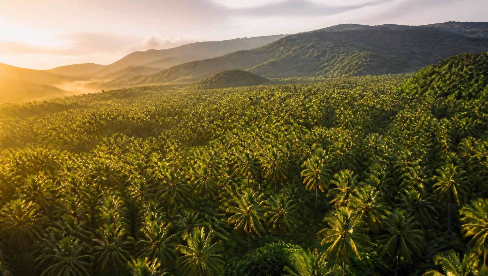 Coconut plantation stretching to the mountains at golden hour