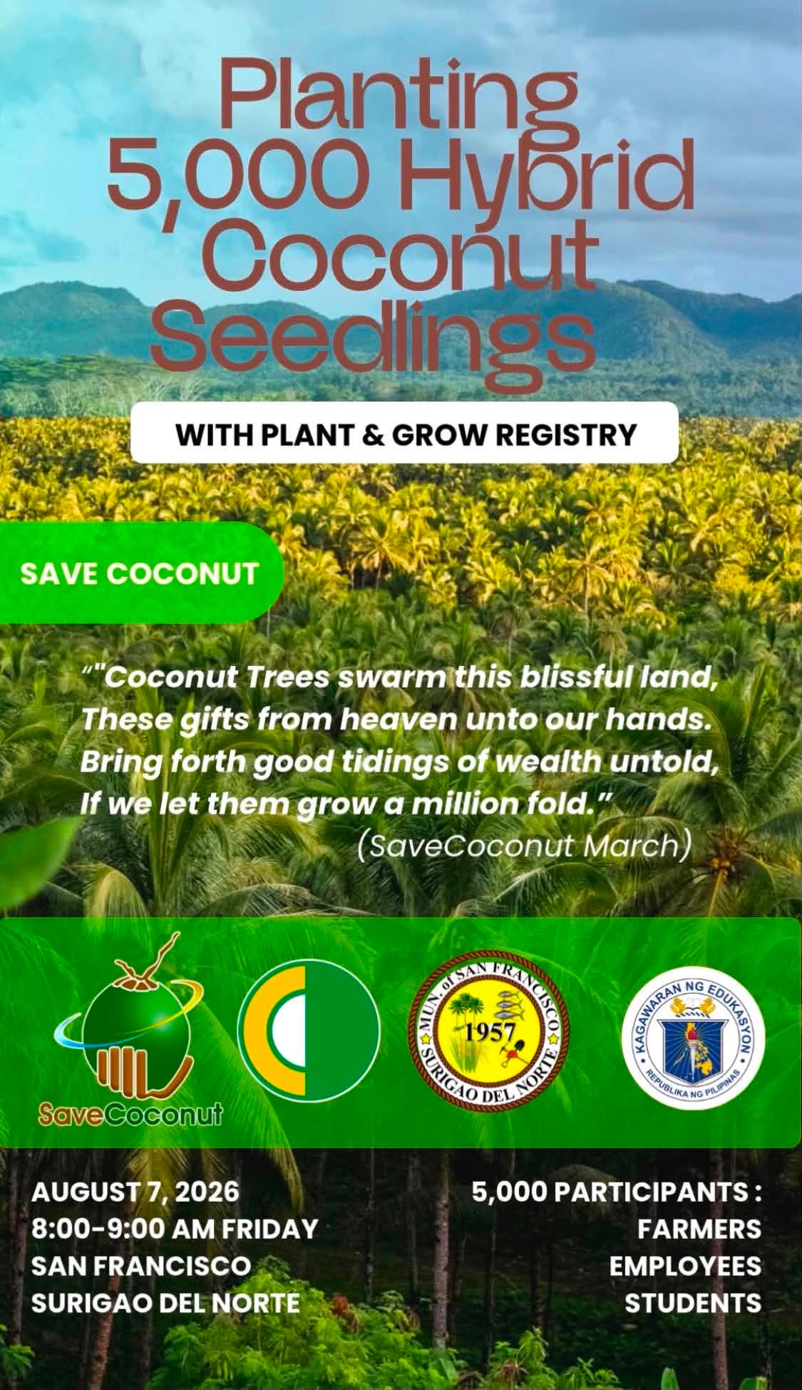 Planting 5,000 Hybrid Coconut Seedlings — August 7, 2026, San Francisco, Surigao del Norte
