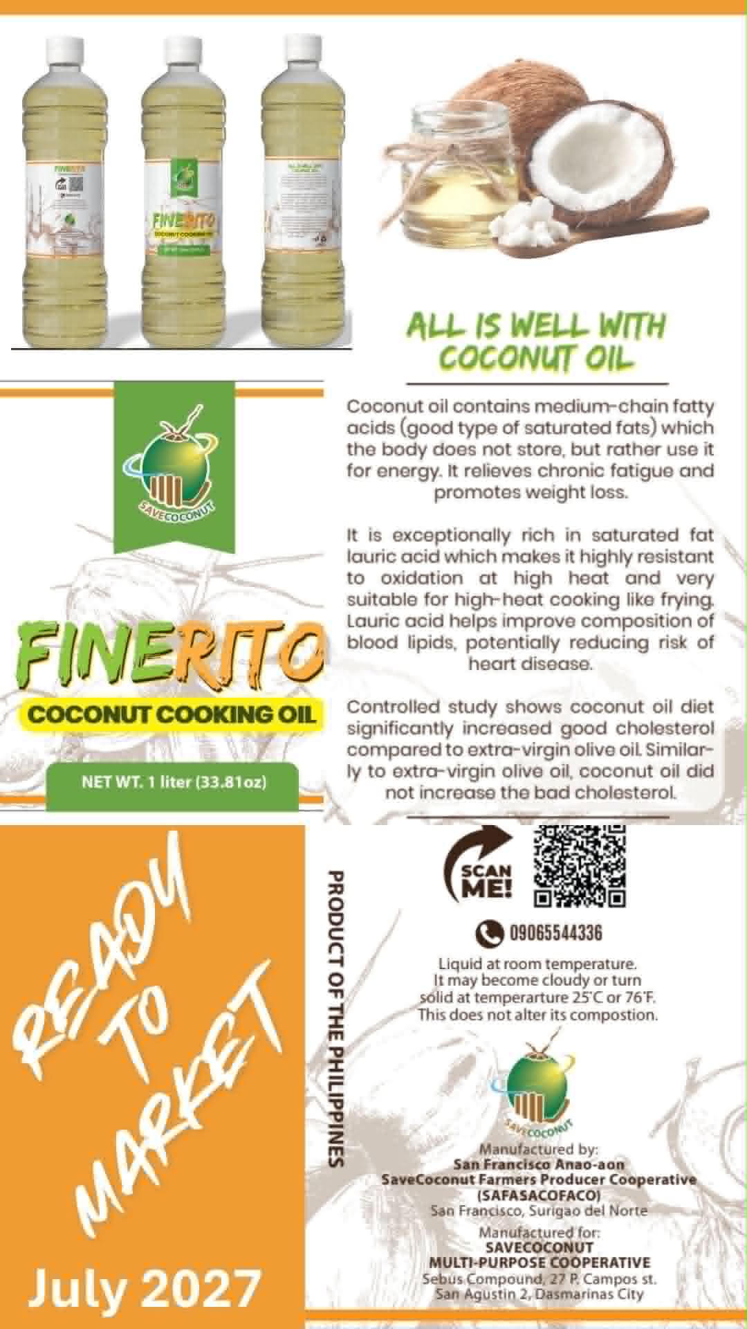 Finerito Coconut Cooking Oil bottles — ready to market