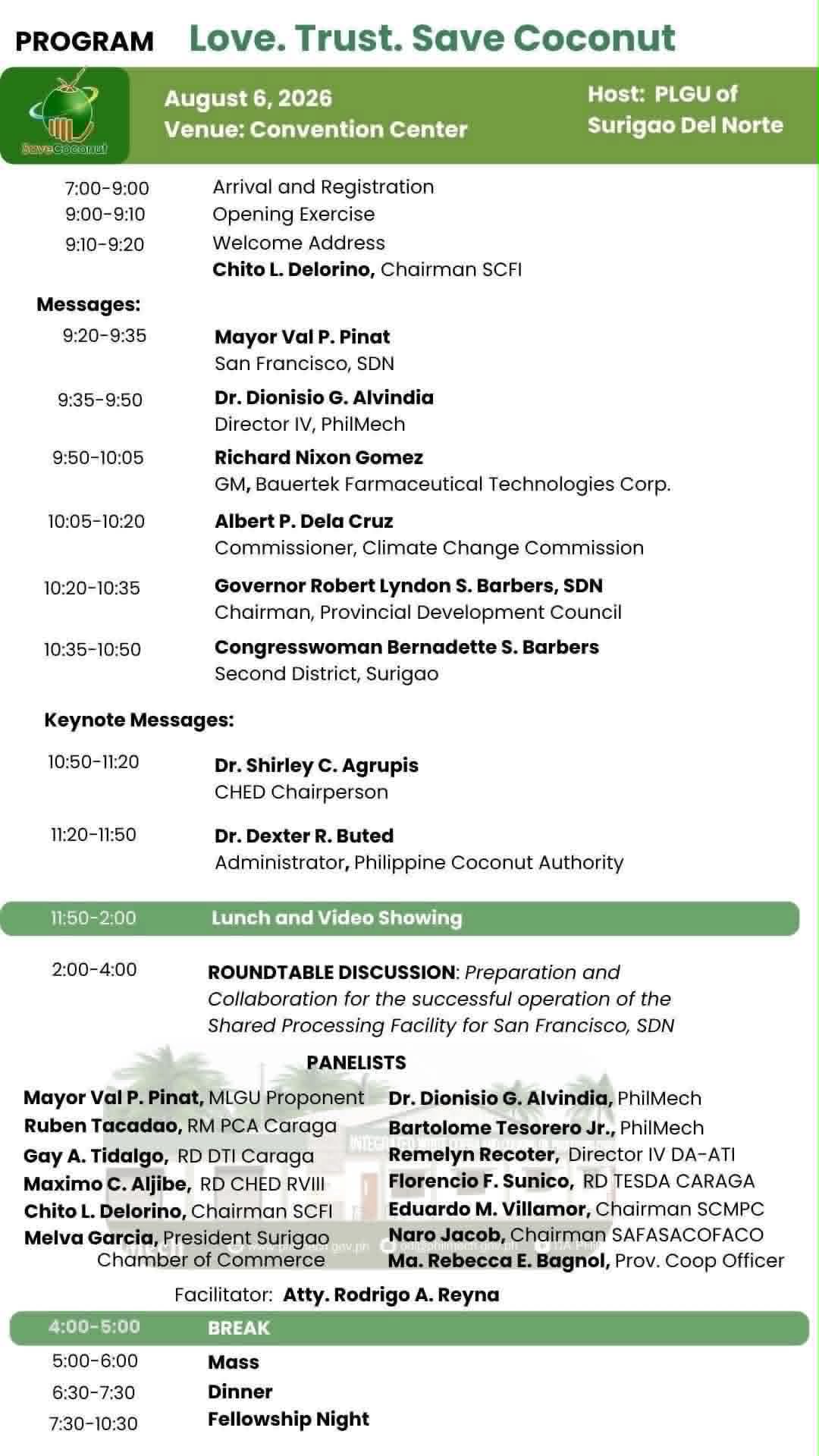 Program, Day 1, August 6 2026, Convention Center, Surigao City — full schedule of messages, keynote speakers and roundtable panelists