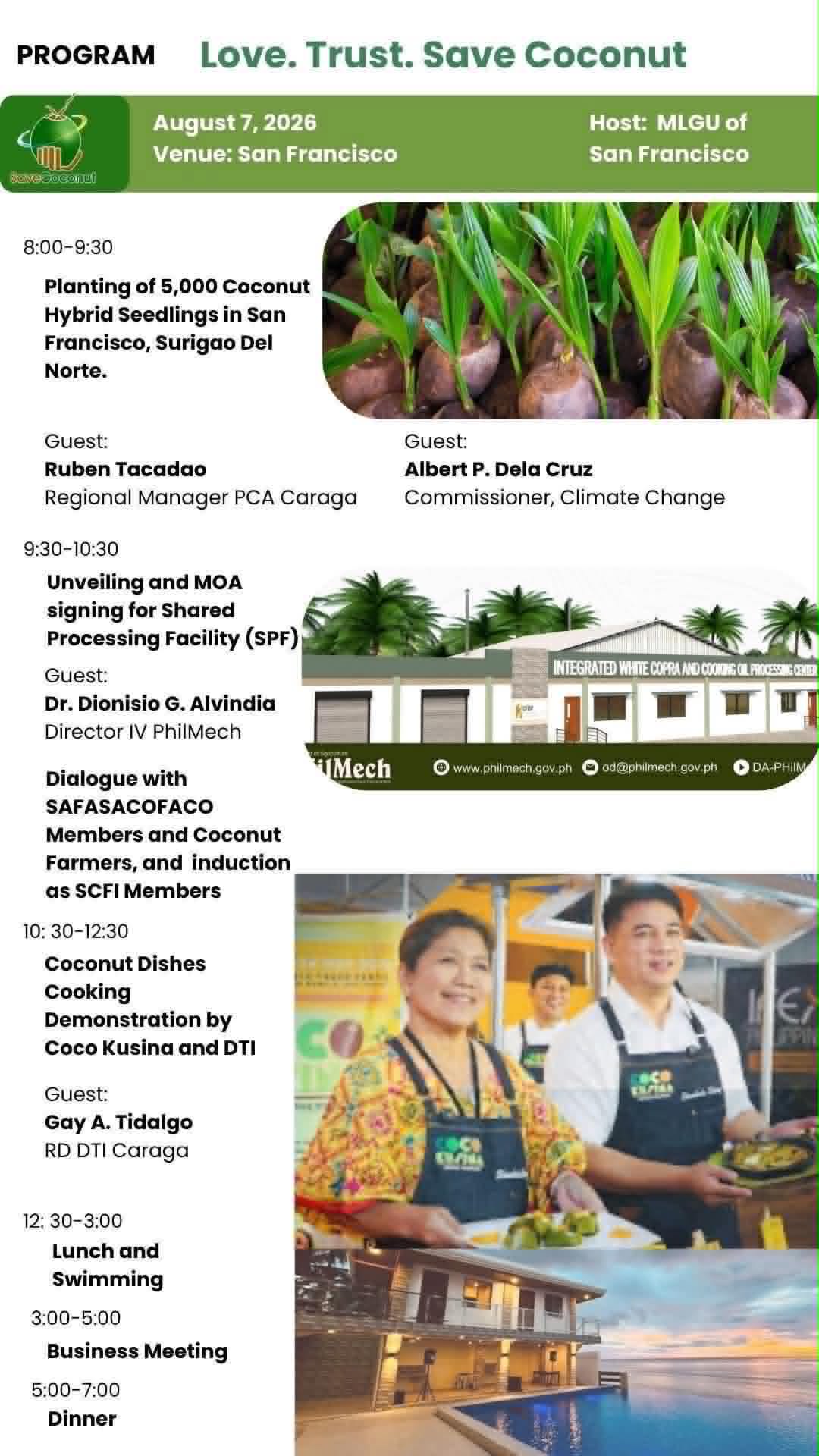Program, Day 2, August 7 2026, San Francisco — planting of seedlings, SPF unveiling and MOA signing, Coco Kusina cooking demonstration