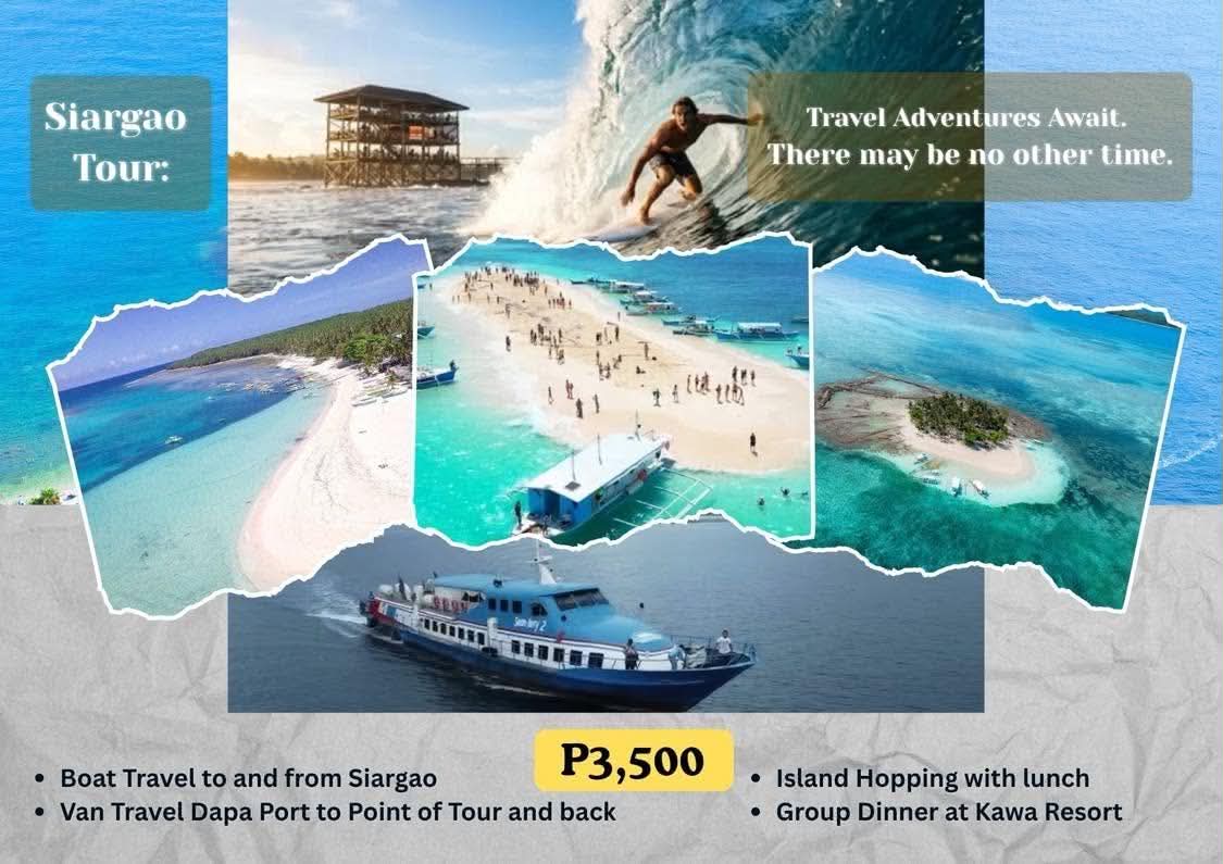 Siargao Tour package: boat and van travel, island hopping with lunch, and group dinner at Kawa Resort — ₱3,500